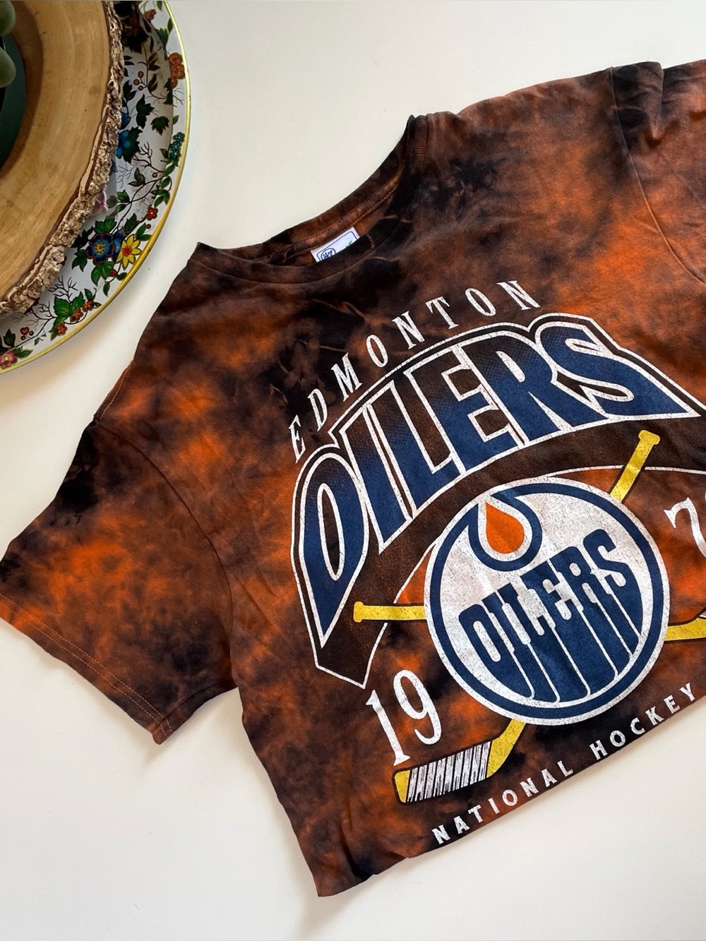 47’ Vintage Tubular Tie Dye Edmonton Oilers Hockey Tee | Medium